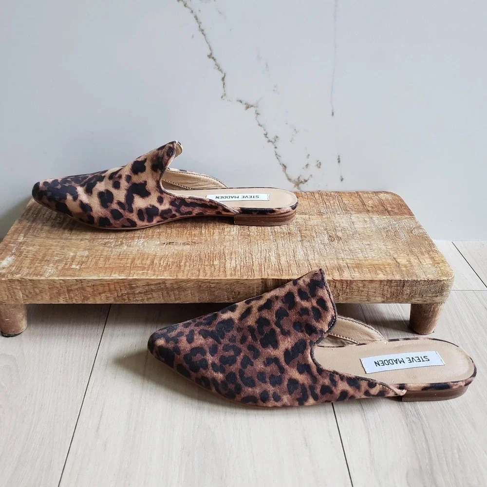 Steve Madden Slides Womens 8.5 Brown Leopard‎ Print Pointed Toe Flats Slip On
